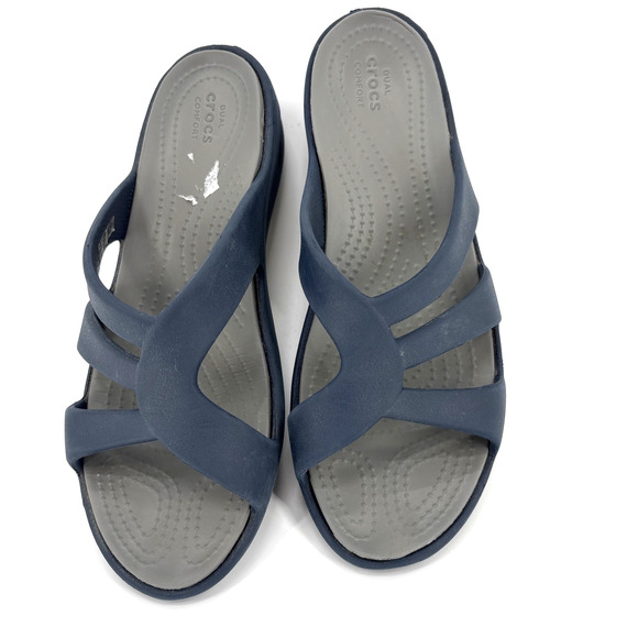 Crocs Sandals Womens 7 Navy Blue Sanrah Strappy Wedge - Picture 1 of 7